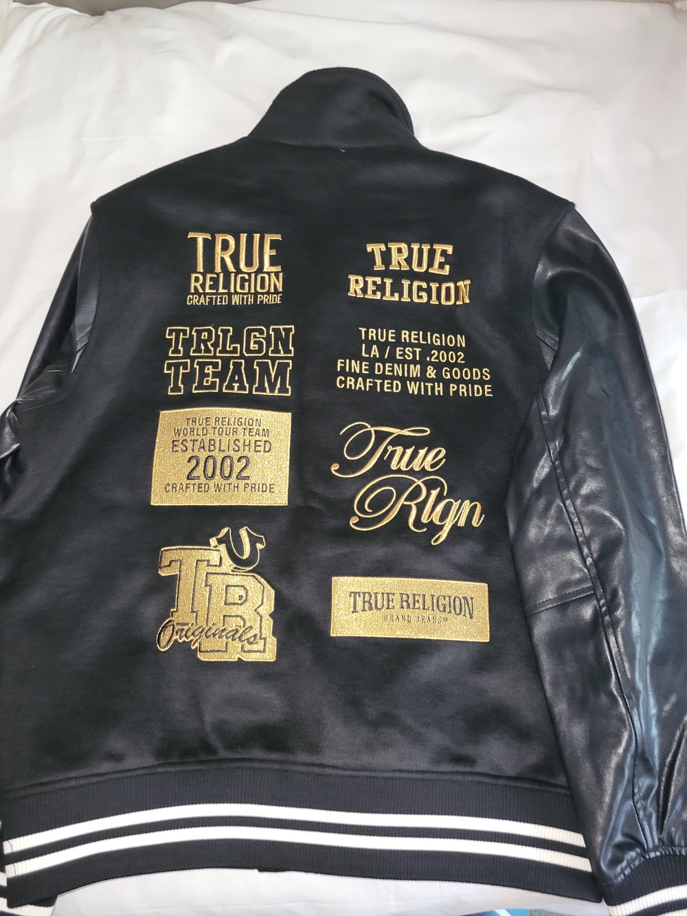True Religion Black and Gold Men's Varsity Bomber Jacket - Picture 3 of 3
